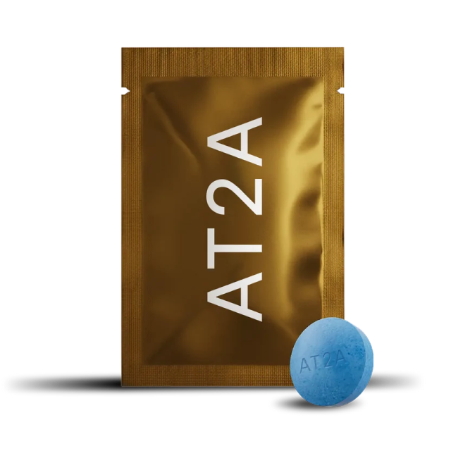 AT2A gold sachet front with blue chewable tablet